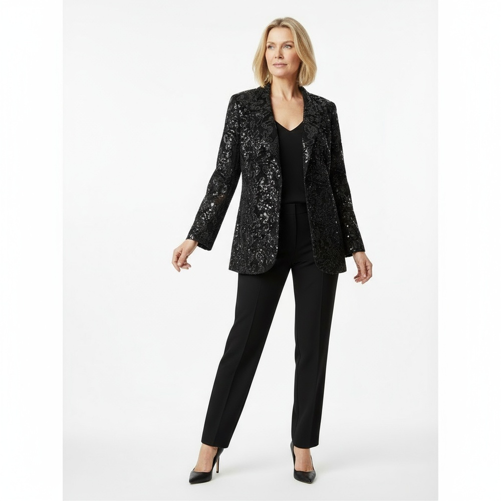 Roaman's Sequin Blazer Black Floral Statement Party Glam Plus Size 18W